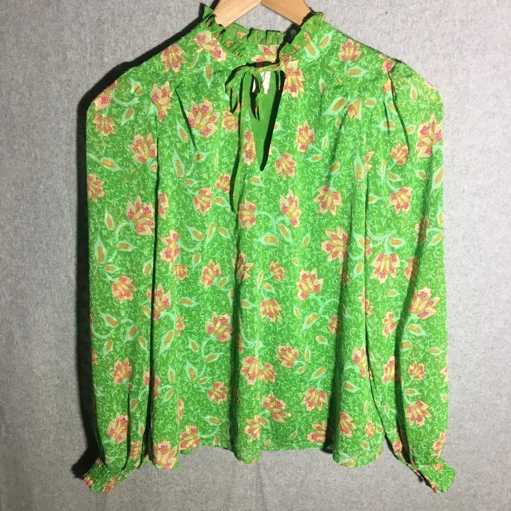 Womens Joie Blouse Floral Neon Green Artsy Contemporary Office Work Career Wear